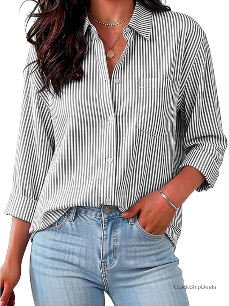 Wrinkle Free Striped Button Down Shirt Long Sleeve Blouse With Pocket